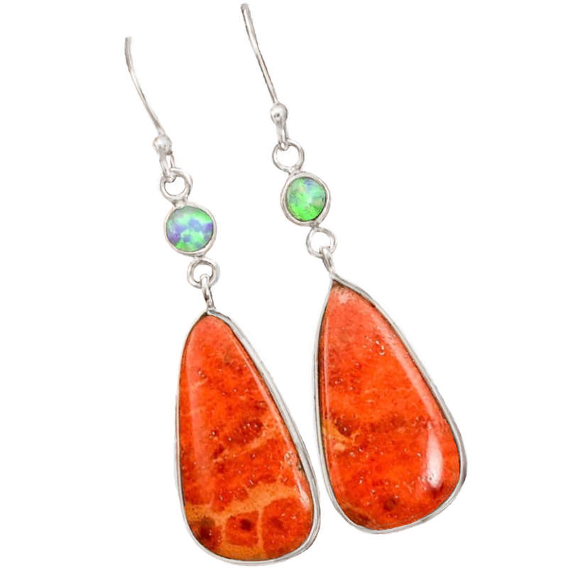 Natural Sponge Coral and Fire Opal set in Solid .925 Sterling Silver Earrings