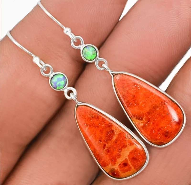 Natural Sponge Coral and Fire Opal set in Solid .925 Sterling Silver Earrings