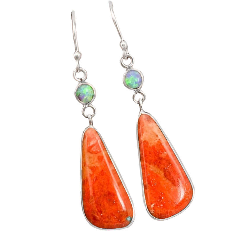 Amazing Natural Sponge Coral, Fire Opal Solid .925 Sterling Silver Earrings