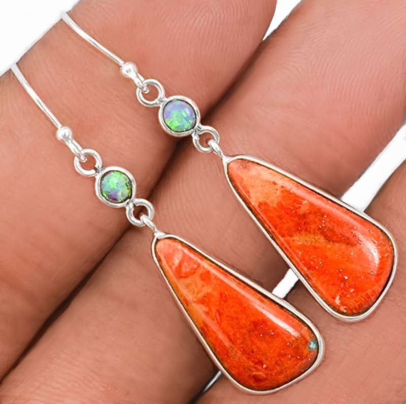 Amazing Natural Sponge Coral, Fire Opal Solid .925 Sterling Silver Earrings