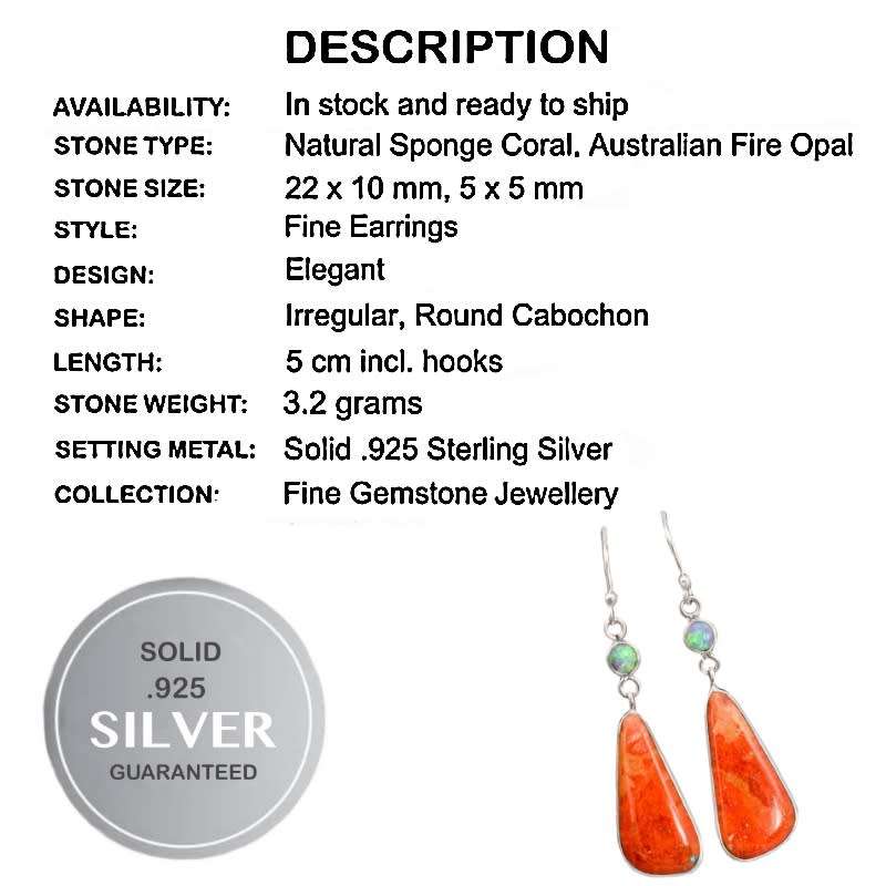 Amazing Natural Sponge Coral, Fire Opal Solid .925 Sterling Silver Earrings