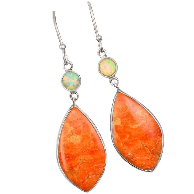 Natural Sponge Coral, Fire Opal set in Solid .925 Sterling Silver Earrings