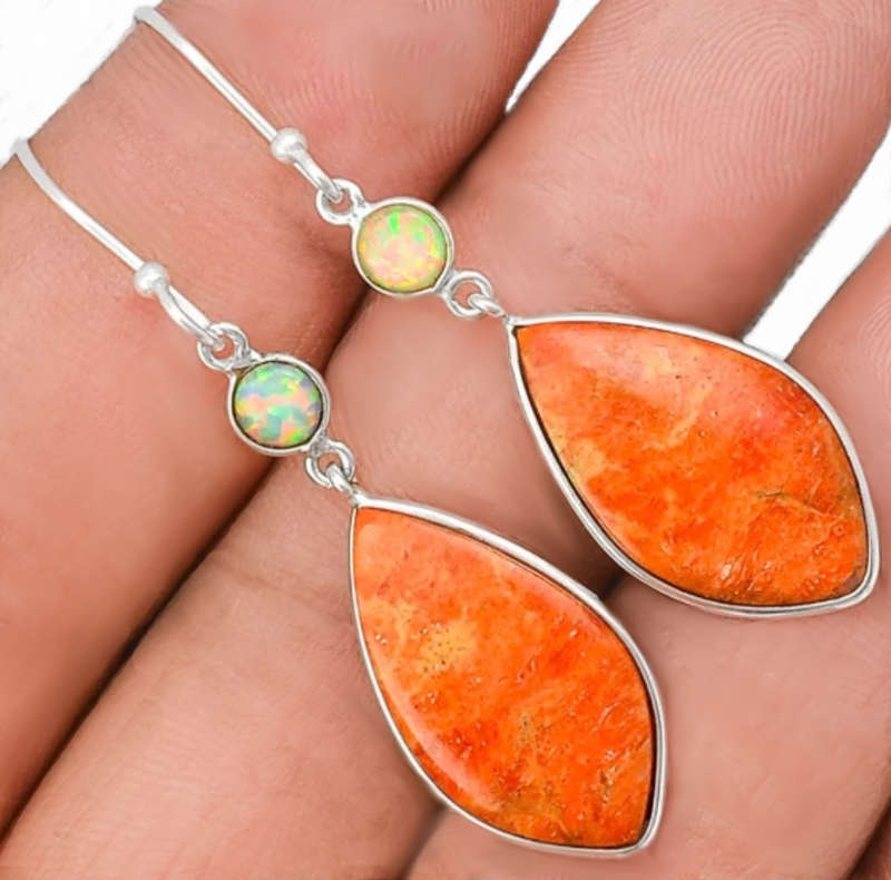 Natural Sponge Coral, Fire Opal set in Solid .925 Sterling Silver Earrings