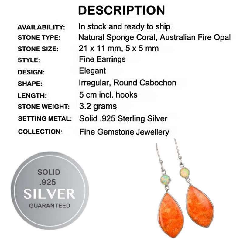 Natural Sponge Coral, Fire Opal set in Solid .925 Sterling Silver Earrings