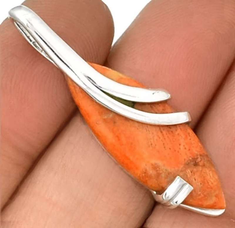 Natural Italian Coral Marquise Shape set in Solid .925 Sterling Silver Elegant Pendant