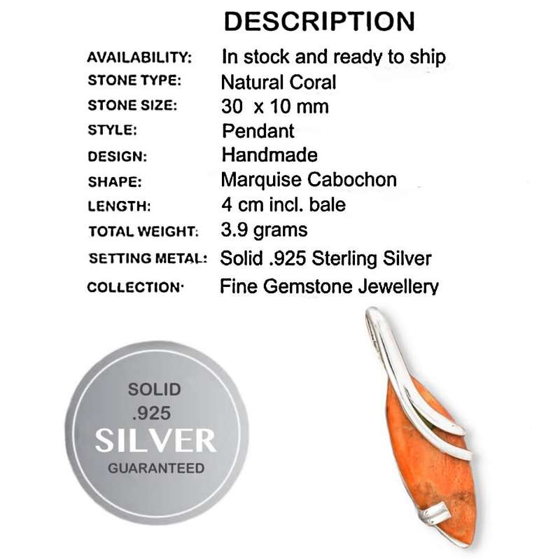 Natural Italian Coral Marquise Shape set in Solid .925 Sterling Silver Elegant Pendant