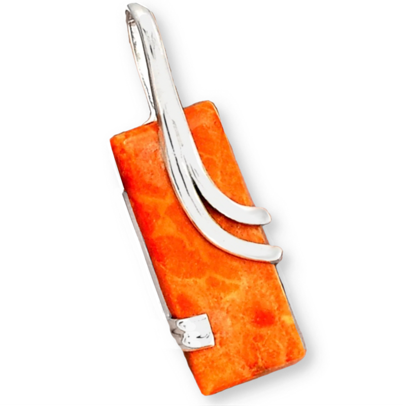 Natural Italian Coral Rectangle Shape set in Solid .925 Sterling Silver Modern Pendant