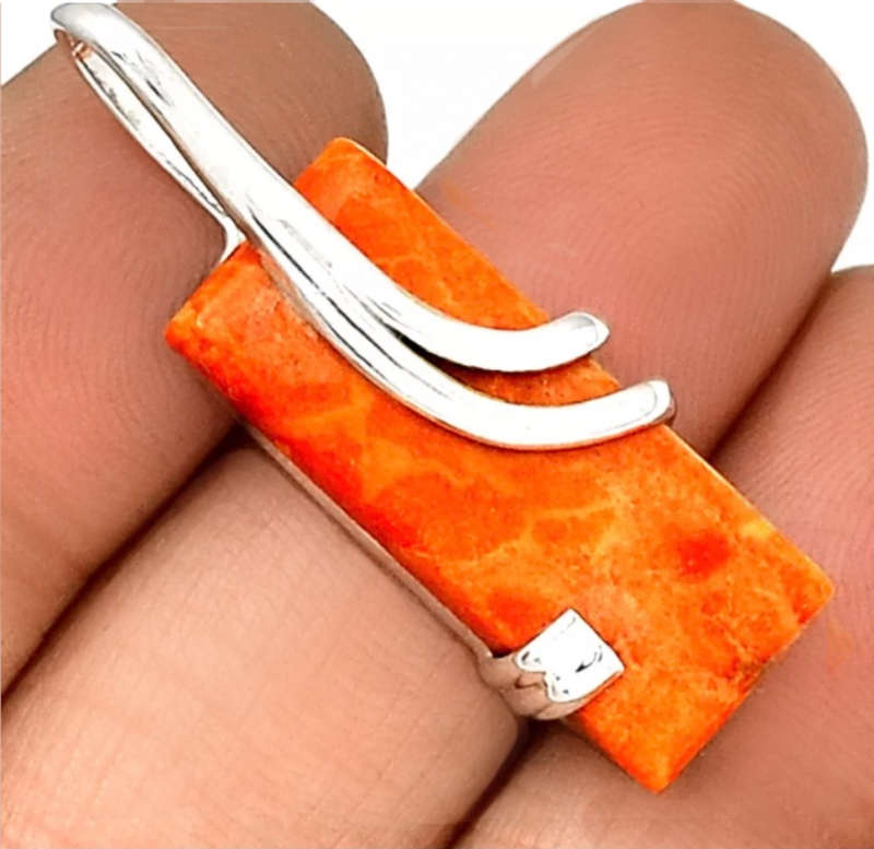 Natural Italian Coral Rectangle Shape set in Solid .925 Sterling Silver Modern Pendant