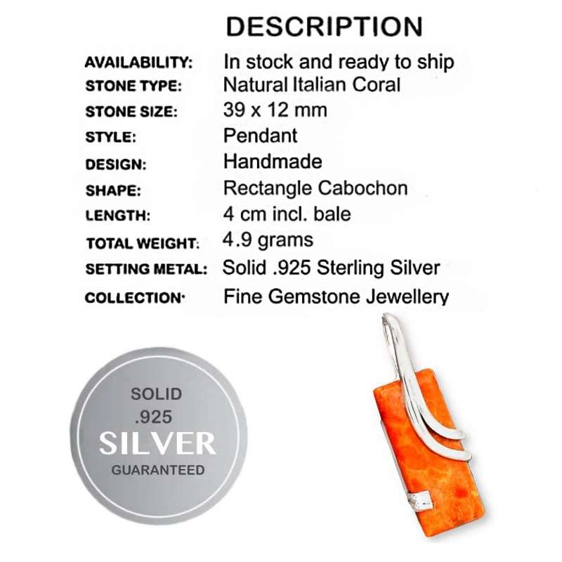 Natural Italian Coral Rectangle Shape set in Solid .925 Sterling Silver Modern Pendant