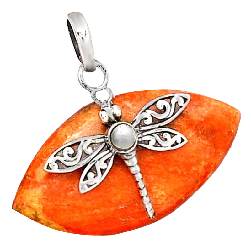Natural Marquise Cut Coral, Pearl set in Solid .925 Sterling Silver Dainty Dragonfly Detail Pendant