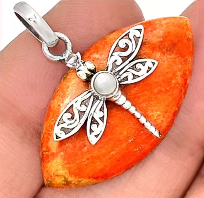 Natural Marquise Cut Coral, Pearl set in Solid .925 Sterling Silver Dainty Dragonfly Detail Pendant