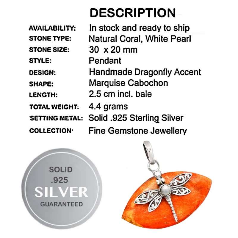 Natural Marquise Cut Coral, Pearl set in Solid .925 Sterling Silver Dainty Dragonfly Detail Pendant
