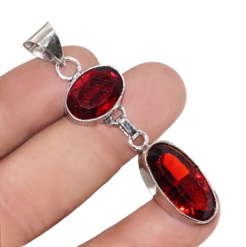 Rich Red Garnet Oval Gemstones set in .925 Sterling Silver Plated Handmade Pendant