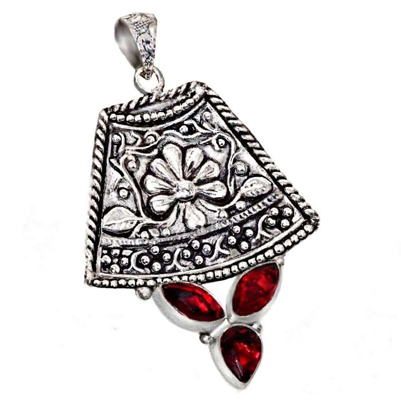 Marquise Shape Rich Red Garnet Gemstone set in .925 Sterling Silver Plated Vintage Style Pendant