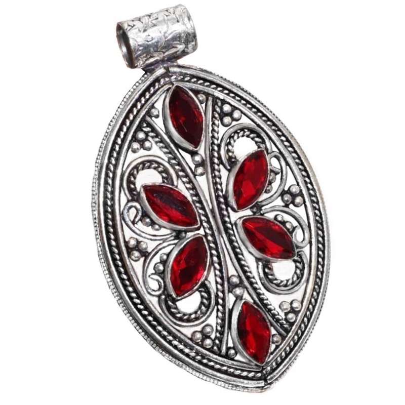 Marquise Shape Rich Red Garnet Gemstone Vintage Style .925 Sterling Silver Plated Pendant