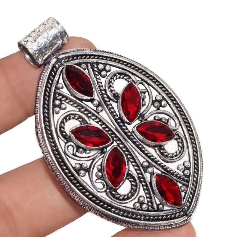 Marquise Shape Rich Red Garnet Gemstone Vintage Style .925 Sterling Silver Plated Pendant