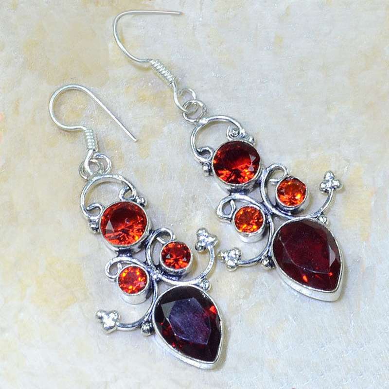 Exotic Eastern Garnet Gemstones set in .925 Sterling Silver Plated Handmade Earrings