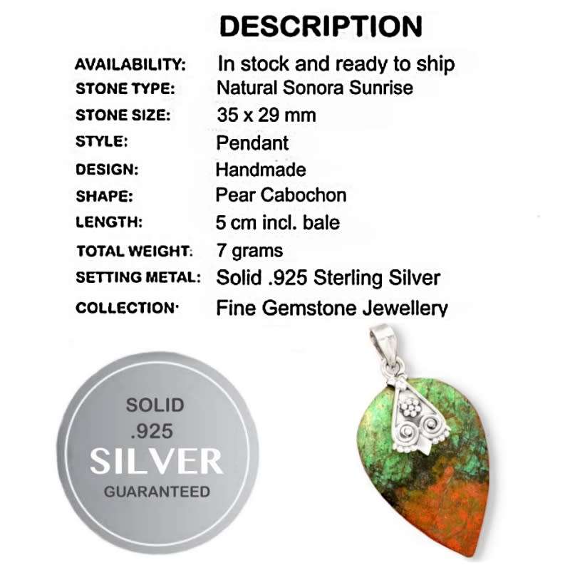 Natural Sonora Sunrise Gemstone Set in Solid .925 Sterling Silver Pendant