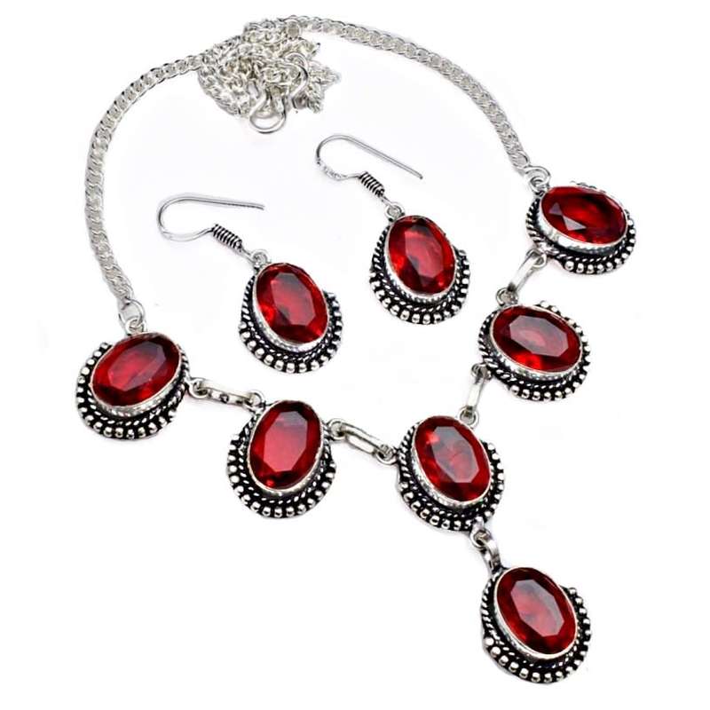 Garnet Oval Gemstones set in Genuine .925 Sterling Silver Silver Plated Necklace and Earrings Set