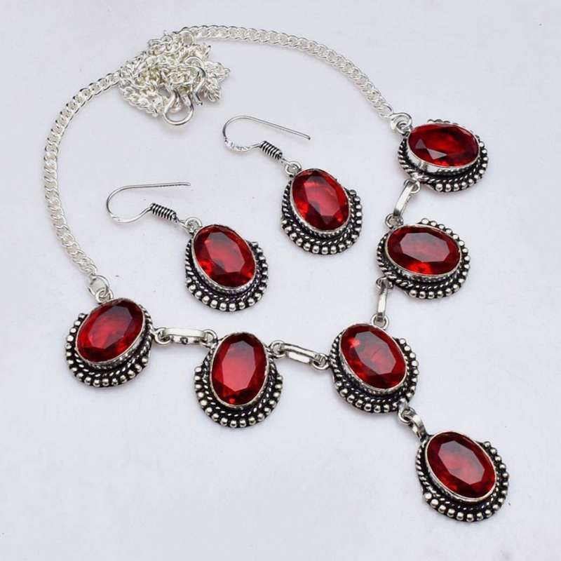 Garnet Oval Gemstones set in Genuine .925 Sterling Silver Silver Plated Necklace and Earrings Set