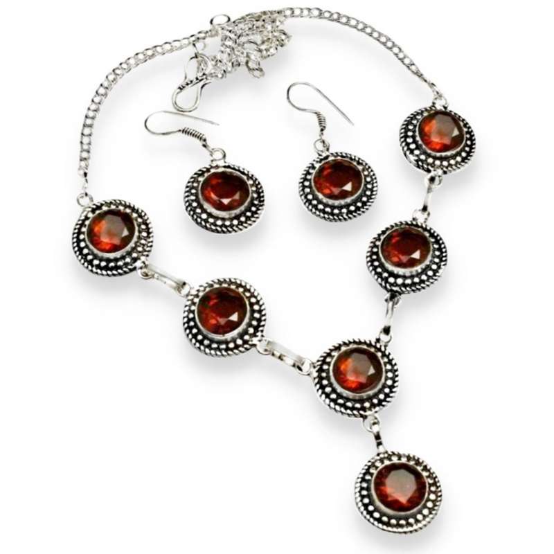 Round Garnet Gemstones set in .925 Sterling Silver Plated Handmade Necklace and Earrings Set