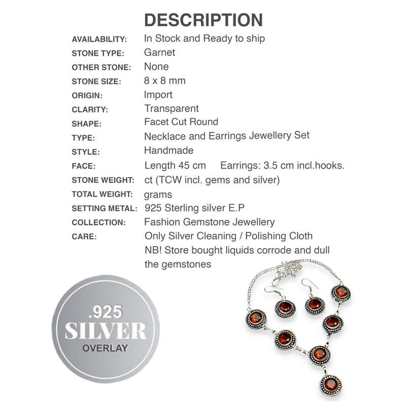 Round Garnet Gemstones set in .925 Sterling Silver Plated Handmade Necklace and Earrings Set