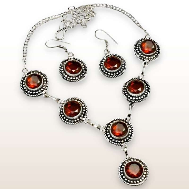 Round Garnet Gemstones set in .925 Sterling Silver Plated Handmade Necklace and Earrings Set