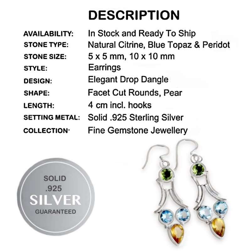 Natural Blue Topaz Peridot and Citrine set in  Solid .925 Sterling Silver Earrings