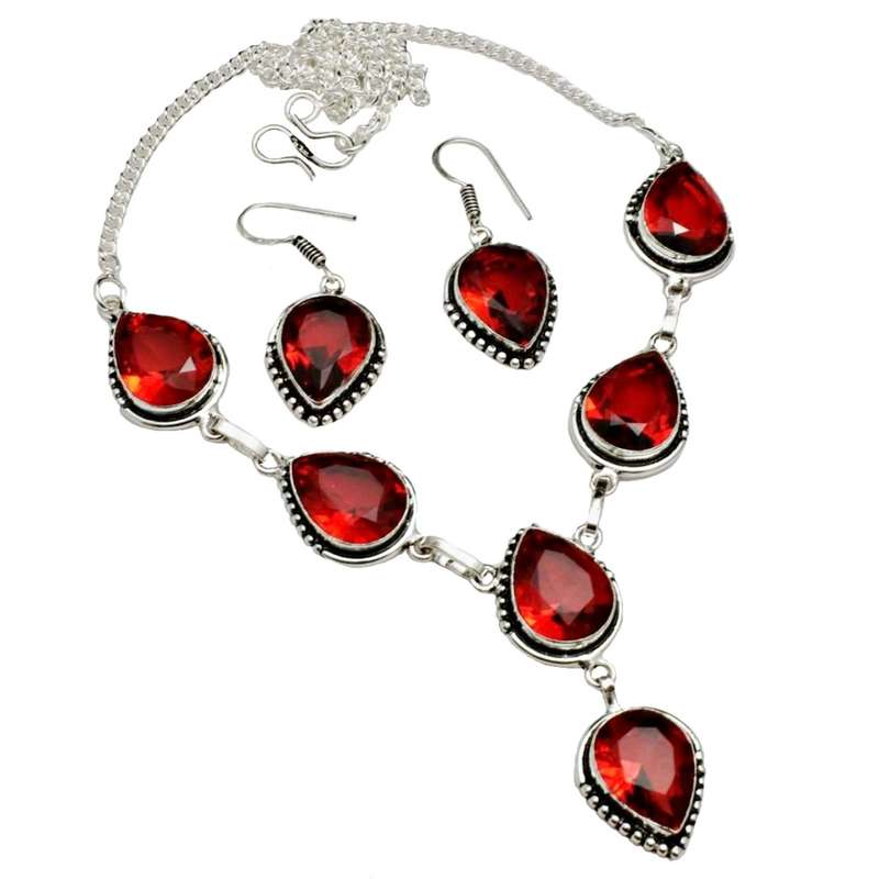 Pear Shape Garnet Gemstones set in .925 Sterling Silver Plated Handmade Necklace and Earrings Set