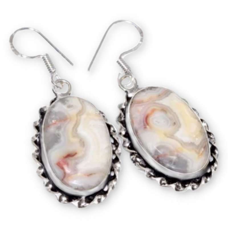 Natural Crazy Lace Agate Oval Gemstone Set in .925 Sterling Silver Plated Antique Style Earrings
