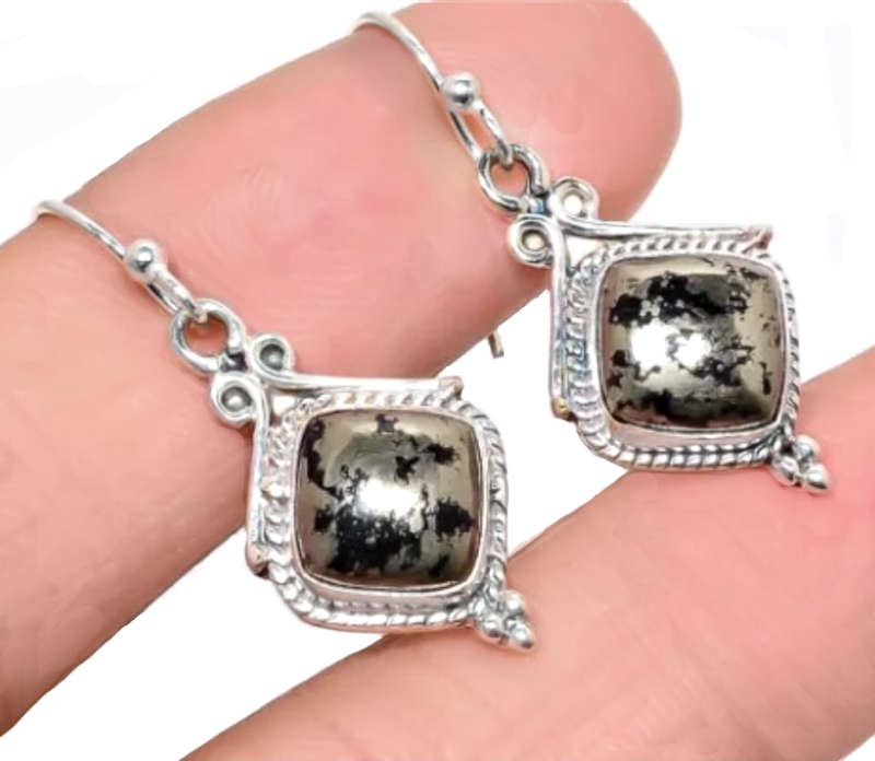 Natural Peruvian Pyrite in Magnetite Diamond Shape Gemstone in Solid .925 Sterling Silver Earrings