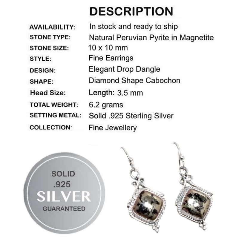 Natural Peruvian Pyrite in Magnetite Diamond Shape Gemstone in Solid .925 Sterling Silver Earrings