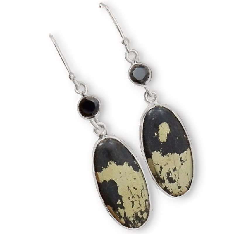 Natural Peruvian Pyrite in Magnetite, Black Onyx  Gemstone Solid .925 Sterling Silver Earrings