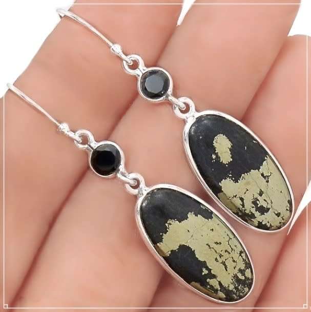 Natural Peruvian Pyrite in Magnetite, Black Onyx  Gemstone Solid .925 Sterling Silver Earrings