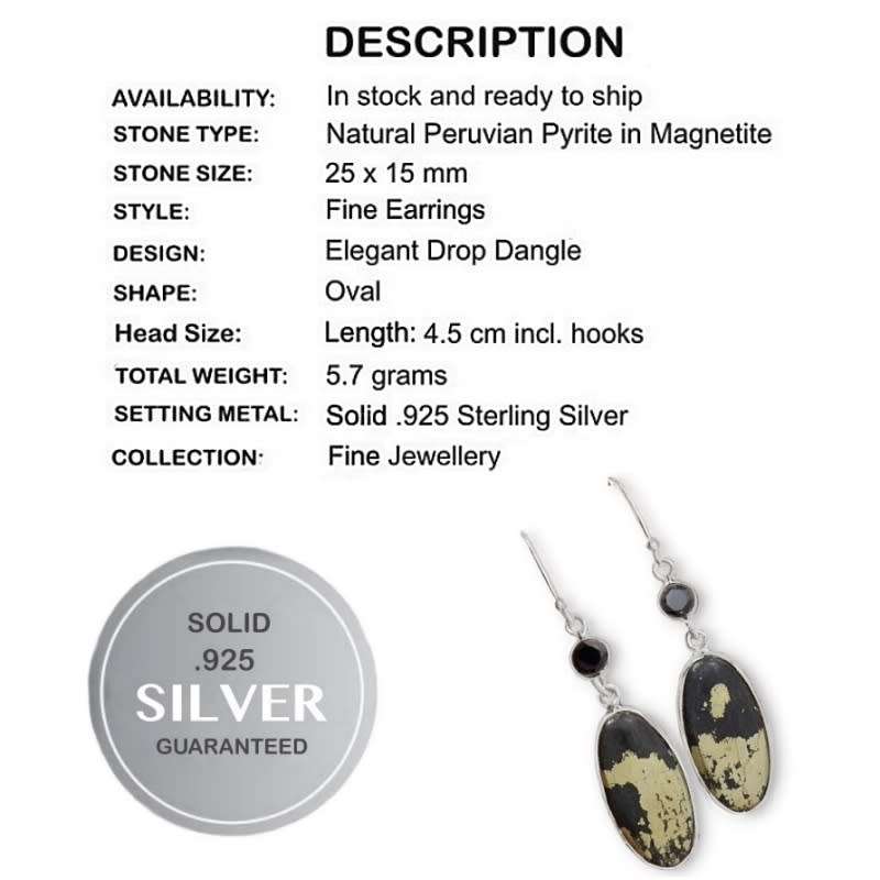 Natural Peruvian Pyrite in Magnetite, Black Onyx  Gemstone Solid .925 Sterling Silver Earrings