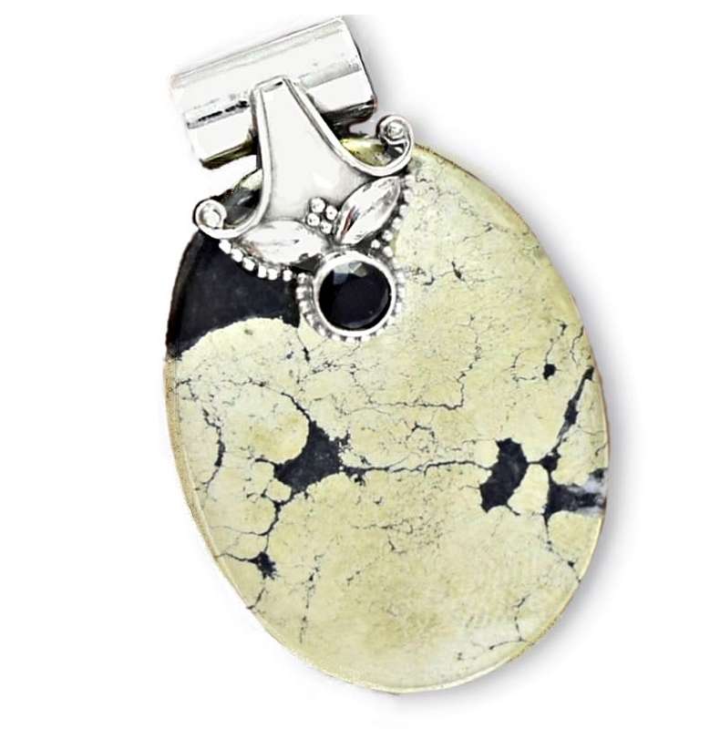 Natural Pyrite In Magnetite and Black Onyx  in Solid .925 Sterling Silver Pendant