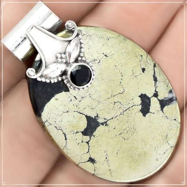 Natural Pyrite In Magnetite and Black Onyx  in Solid .925 Sterling Silver Pendant