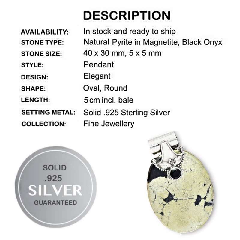 Natural Pyrite In Magnetite and Black Onyx  in Solid .925 Sterling Silver Pendant