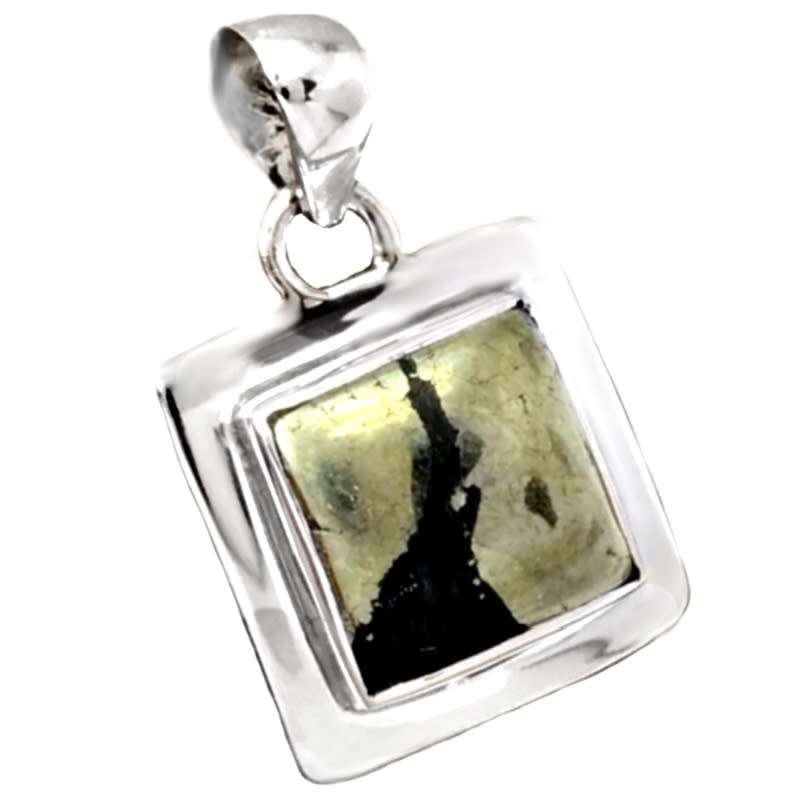 Natural Pyrite In Magnetite Square Gemstone set in  Solid .925 Sterling Silver Pendant