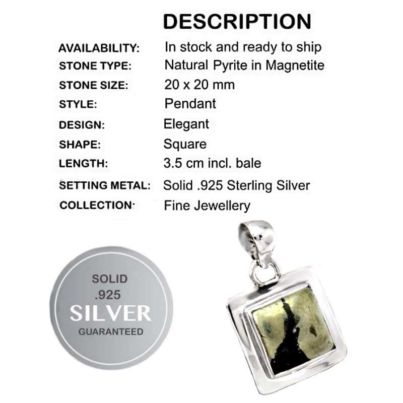 Natural Pyrite In Magnetite Square Gemstone set in  Solid .925 Sterling Silver Pendant