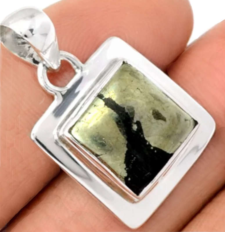 Natural Pyrite In Magnetite Square Gemstone set in  Solid .925 Sterling Silver Pendant