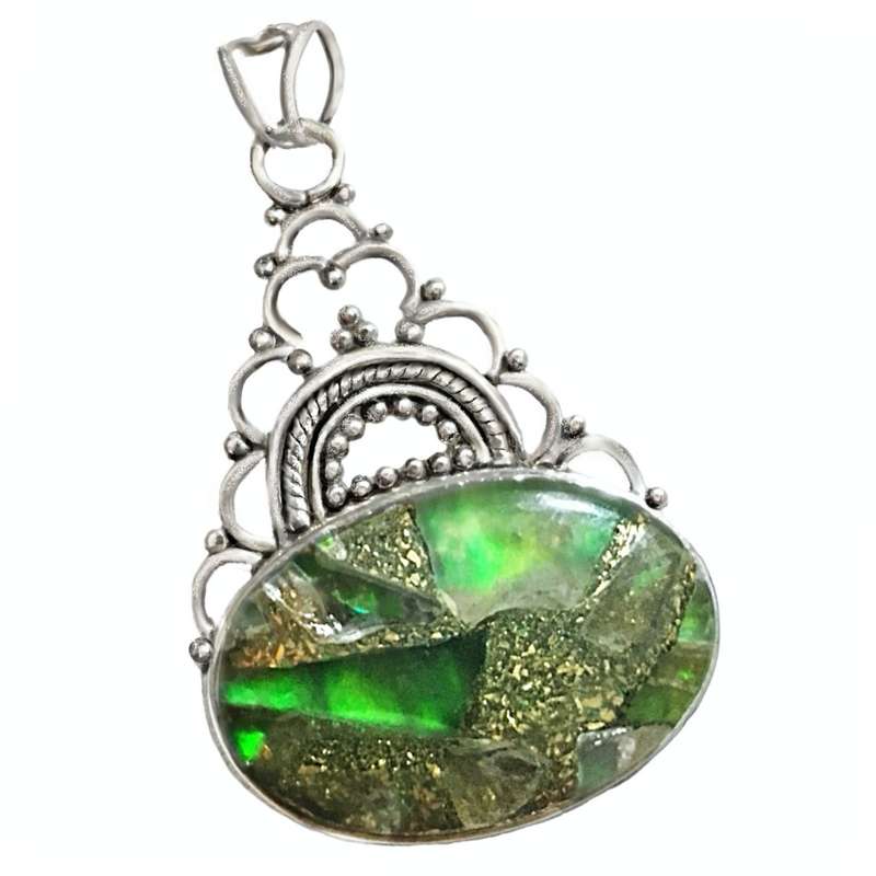Indonesian Bali - Java Copper Green Turquoise Pendant in Solid 925  Sterling Silver