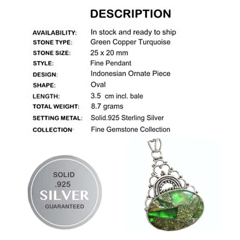 Indonesian Bali - Java Copper Green Turquoise Pendant in Solid 925  Sterling Silver