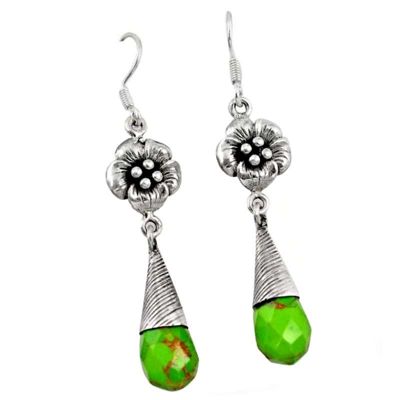 10.21 Cts Floral Copper Green Turquoise Gemstones set in Solid .925  Sterling Silver Earrings