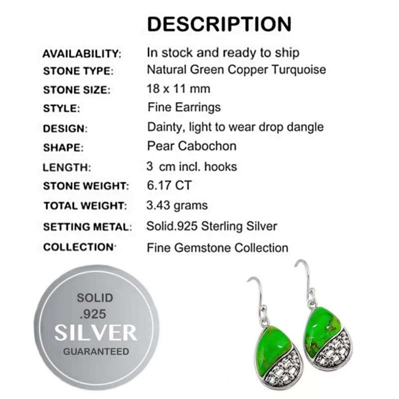 6.17 Cts Copper Arizona Green Turquoise Gemstones set in Solid .925 Sterling Silver Earrings