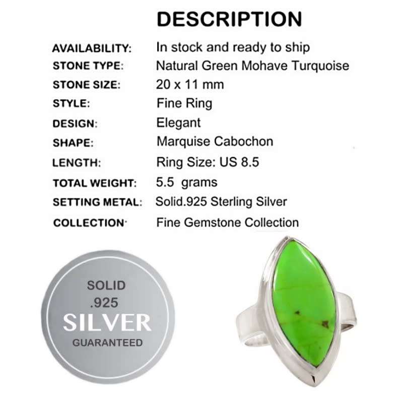 Natural Mohave Green Turquoise set in Solid 925 Sterling Silver Ring Size US 8.5 / Q1/2
