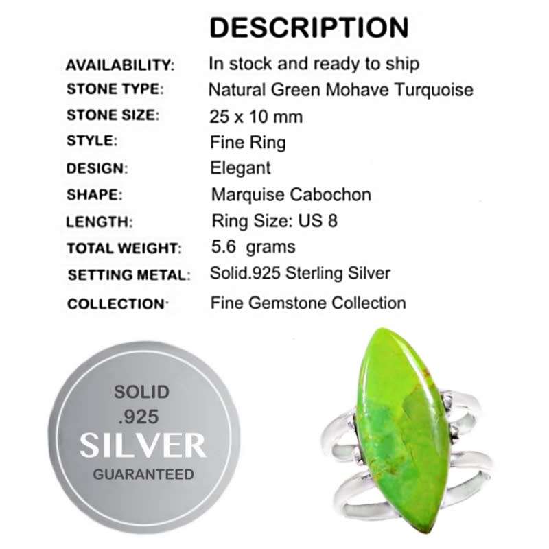 Natural Mohave Green Turquoise Gemstone set in Solid 925  Sterling Silver Size 8 / Q