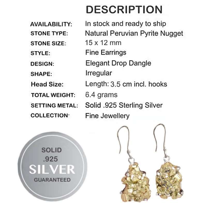 Natural Peruvian Pyrite Rough Nugget set in Solid .925 Sterling Silver Earrings