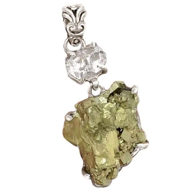 Natural Peruvian Pyrite Cluster and Herkimer Diamond set in Solid .925 Sterling Silver Pendant