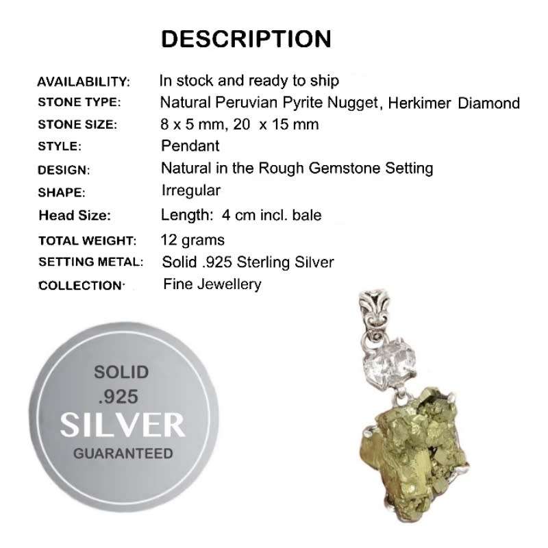 Natural Peruvian Pyrite Cluster and Herkimer Diamond set in Solid .925 Sterling Silver Pendant
